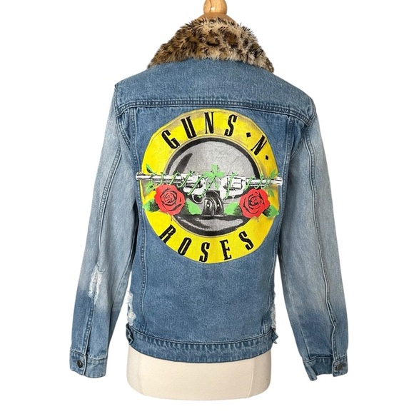 Guns N’ Roses Distressed Denim Trucker Band Jacket Leopard Faux Fur Collar M - Picture 6 of 15